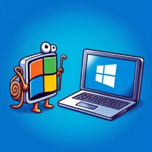 A cartoon picture of an old laptop with a Windows 10 logo and a brand new laptop with a Windows 11 logo next to it