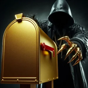 A mailbox which is bright gold in colour with a menacing figure dressed in black with a hood approaching from behind (1)